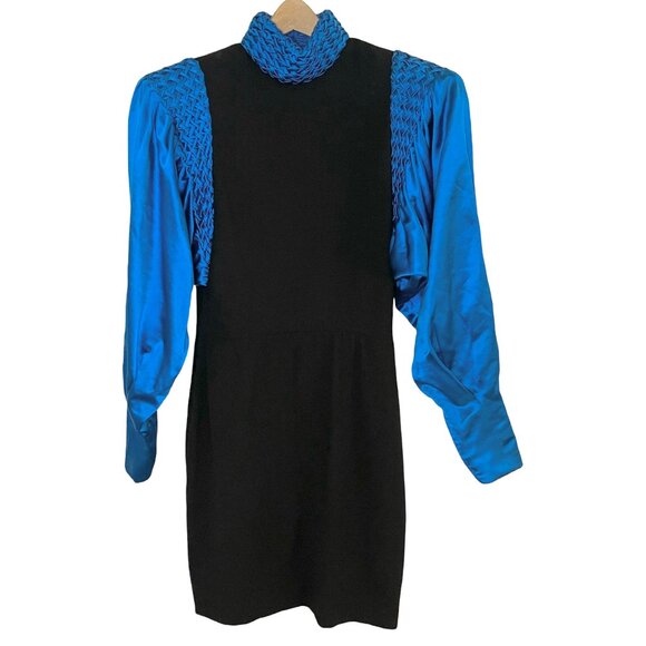 Galanos Vintage Blue and Black Long Puff Sleeve Turtleneck Party Dress Size XS - Picture 4 of 13